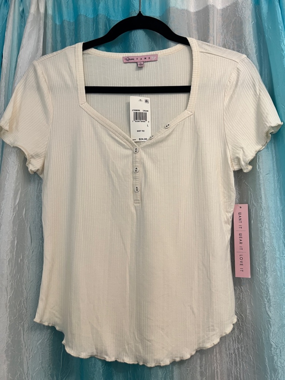 Crave Fame Cream Ribbed Henley Short Sleeve Top